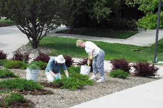 Several students fellowshipping during a spring planting event.