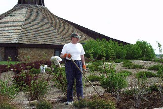 Staff helping maintain campus grounds during a campus event.