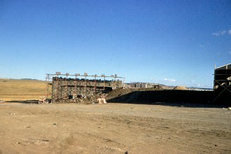 Scaffolding was used while the rock facing was applied to the block walls.